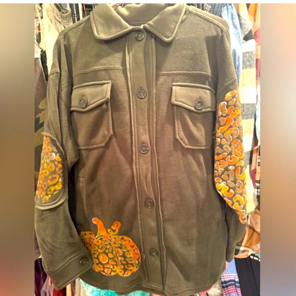 Upcycled Dark Green Jacket with Pumpkin Patch Design